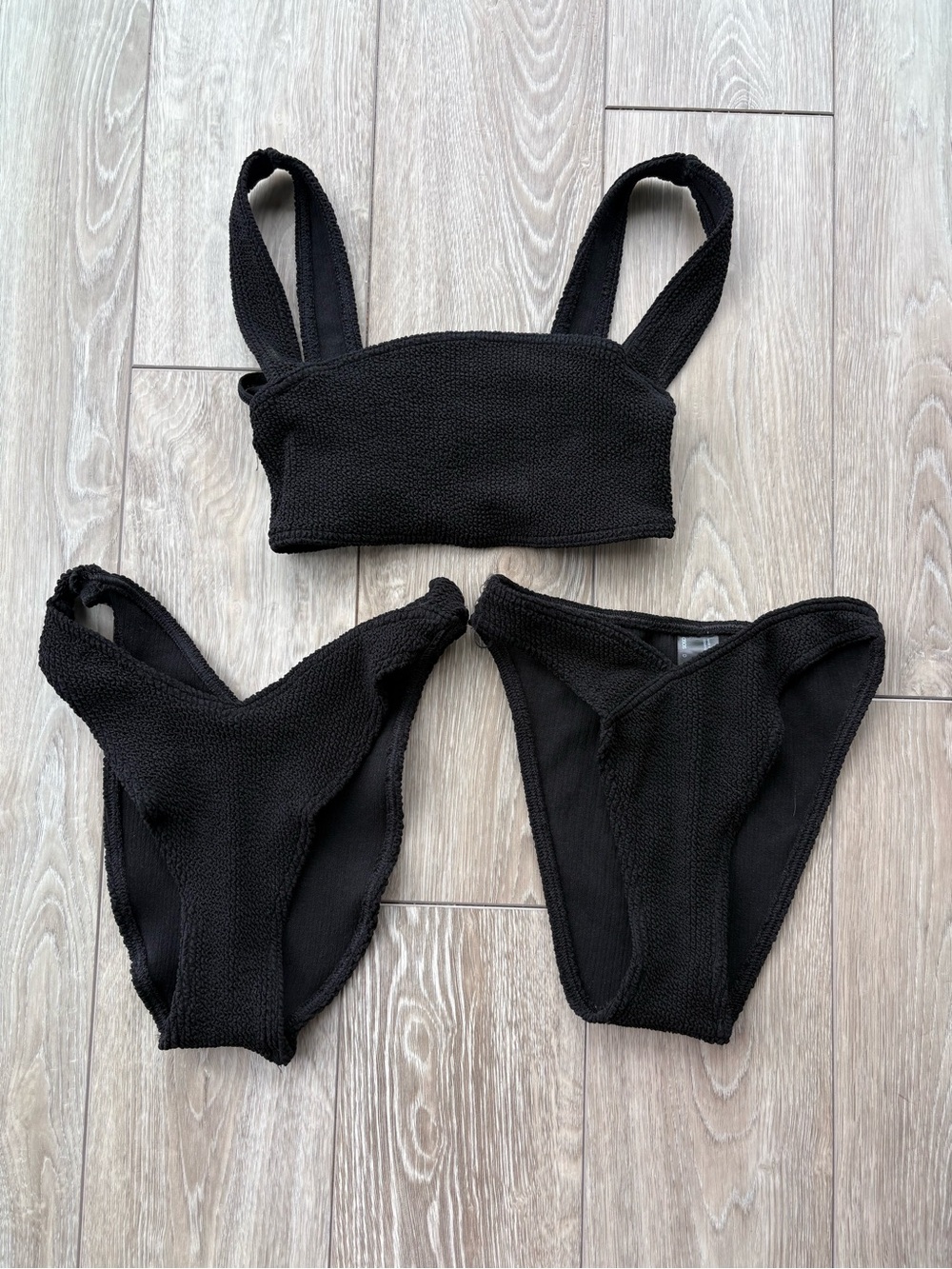 black asos stretchy ribbed bikini with two bottoms